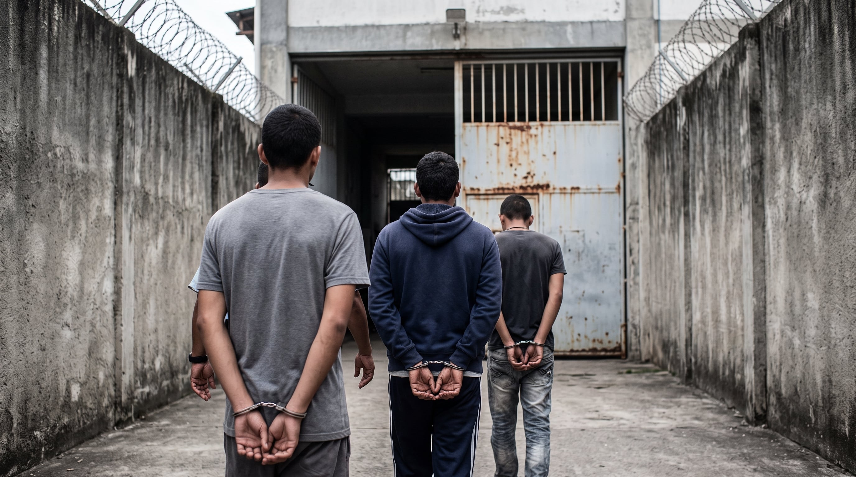 Tres hombres esposados caminan de espaldas hacia el portón de acceso de un centro penitenciario en la ciudad de Panamá. (Imagen Ilustrativa Infobae)