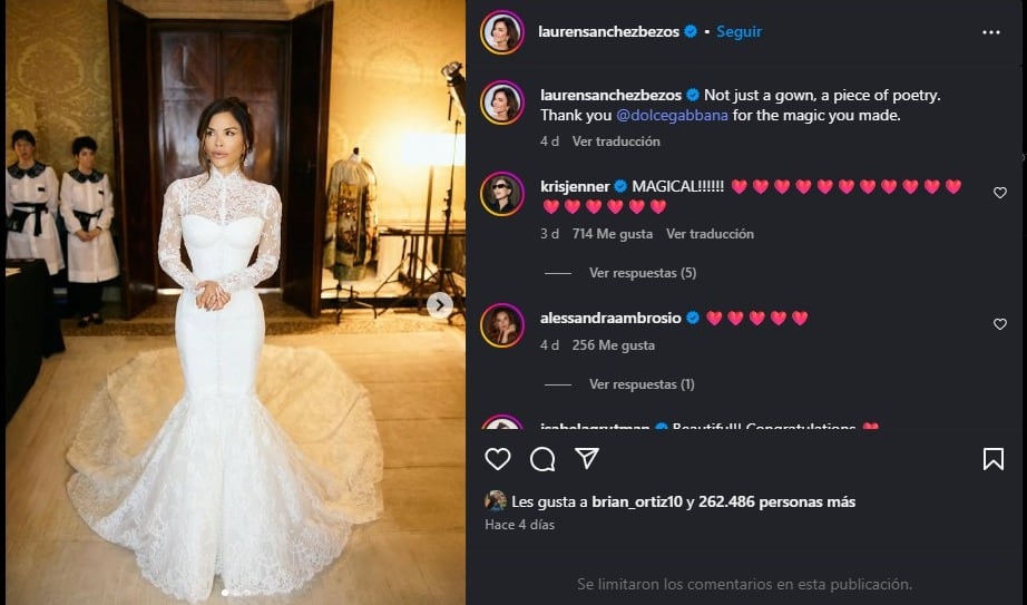 Lauren Sánchez usó un vestido inspirado en el estilo de Sophia Loren en la película Houseboat (Instagram/Lauren Sánchez)