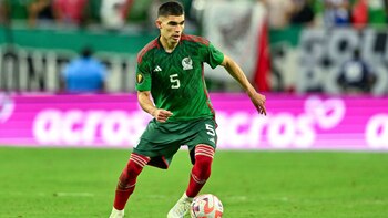 Jun 25, 2023; Houston, Texas, USA; Mexico defender Johan Vasquez (5) controls the ball during the second half against Honduras at NRG Stadium. Mandatory Credit: Maria Lysaker-USA TODAY Sports