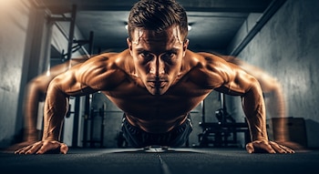 Hombre musculoso con torso desnudo haciendo una flexión explosiva en un gimnasio oscuro. Sus brazos muestran un efecto de desenfoque de movimiento.