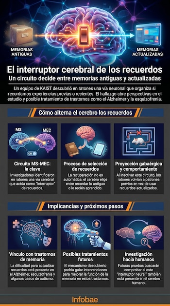 Infografía con un cerebro humano digital interconectado con elementos como carpetas, pantallas y ratones, explicando cómo el cerebro gestiona los recuerdos