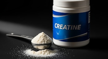 Polvo de creatina blanco en una cuchara medidora plateada, esparcido sobre una superficie negra, con un bote de creatina azul y blanco al lado derecho.