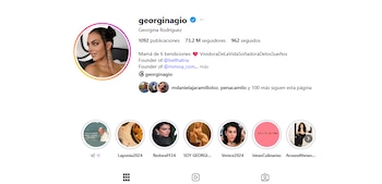 Captura de pantalla del perfil de Instagram de Georgina Rodríguez. Se ve su foto de perfil, nombre de usuario 'georginagio', y 73.2 millones de seguidores