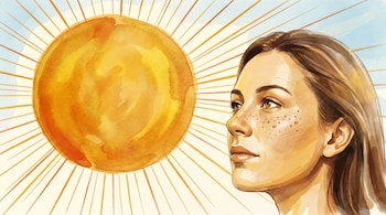 Ilustración acuarela del perfil de una mujer con pecas mirando hacia un gran sol anaranjado y brillante con rayos de luz.