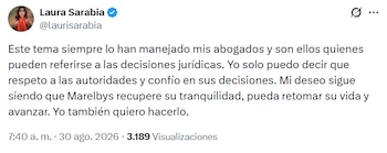 Laura Sarabia informó que espera que Marelbys Meza "pueda retomar su vida y recupere su tranquilidad" - crédito @laurisarabia/X
