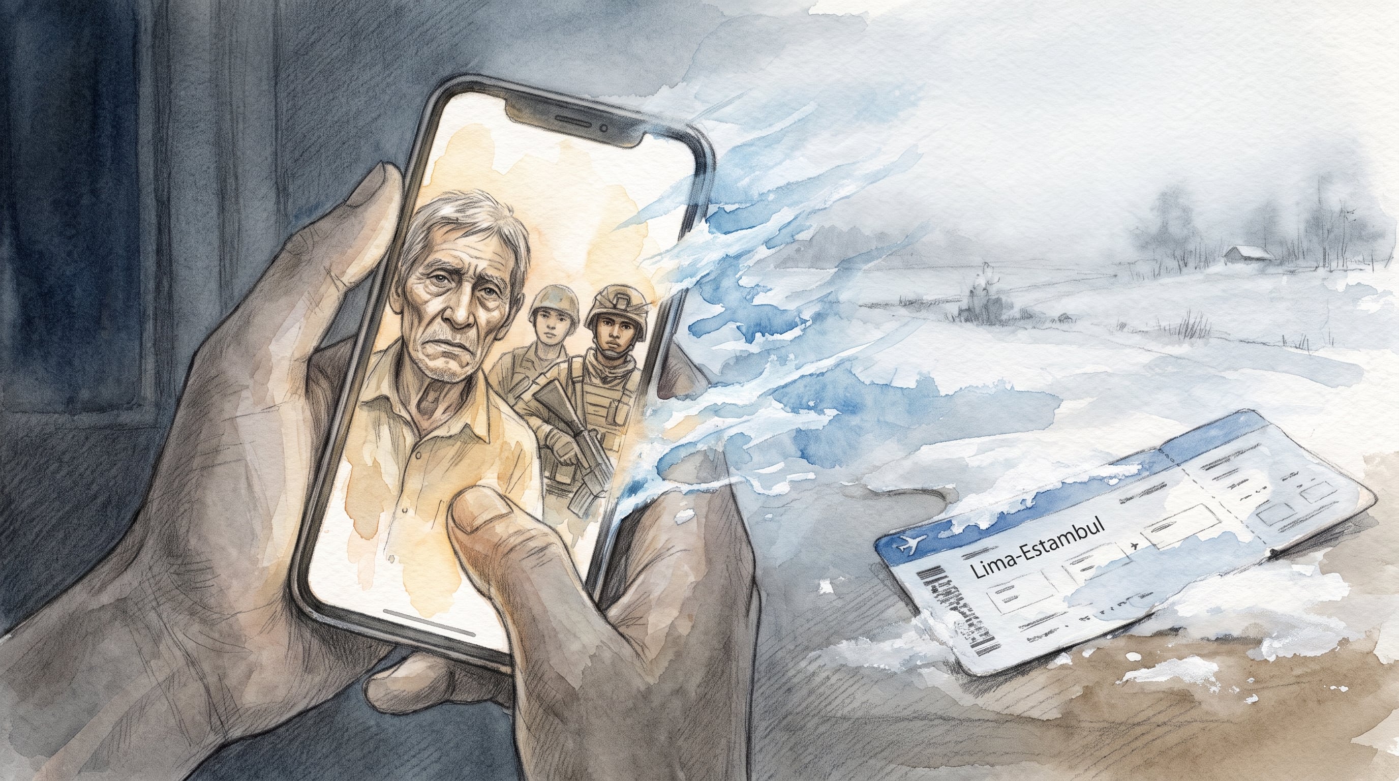 Un joven en Lima observa en su teléfono la fotografía de un familiar junto a reclutas militares, al lado de un pasaje de avión con la ruta Lima-Estambul en un paisaje nevado. (Imagen Ilustrativa Infobae)