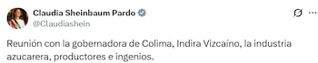 Claudia Sheinbaum encabeza reunión con industria azucarera y gobierno de Colima.