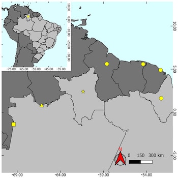 Mapa del norte de América del Sur con coordenadas, escala gráfica, rosa de los vientos, recuadro continental y marcadores amarillos
