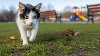 Un gato blanco y negro con ojos verdes camina hacia adelante sobre césped verde. Al fondo, desenfocados, se distinguen bancos de parque y un área de juegos vibrante.