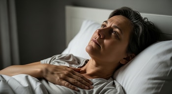 Persona mayor de 40 años acostada en la cama, mirando hacia arriba y tocándose el pecho con una mano.