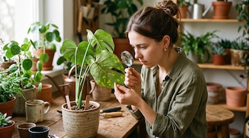 Una mujer observa con una lupa la hoja con manchas amarillas y pequeñas plagas de una planta en maceta sobre una mesa de madera.