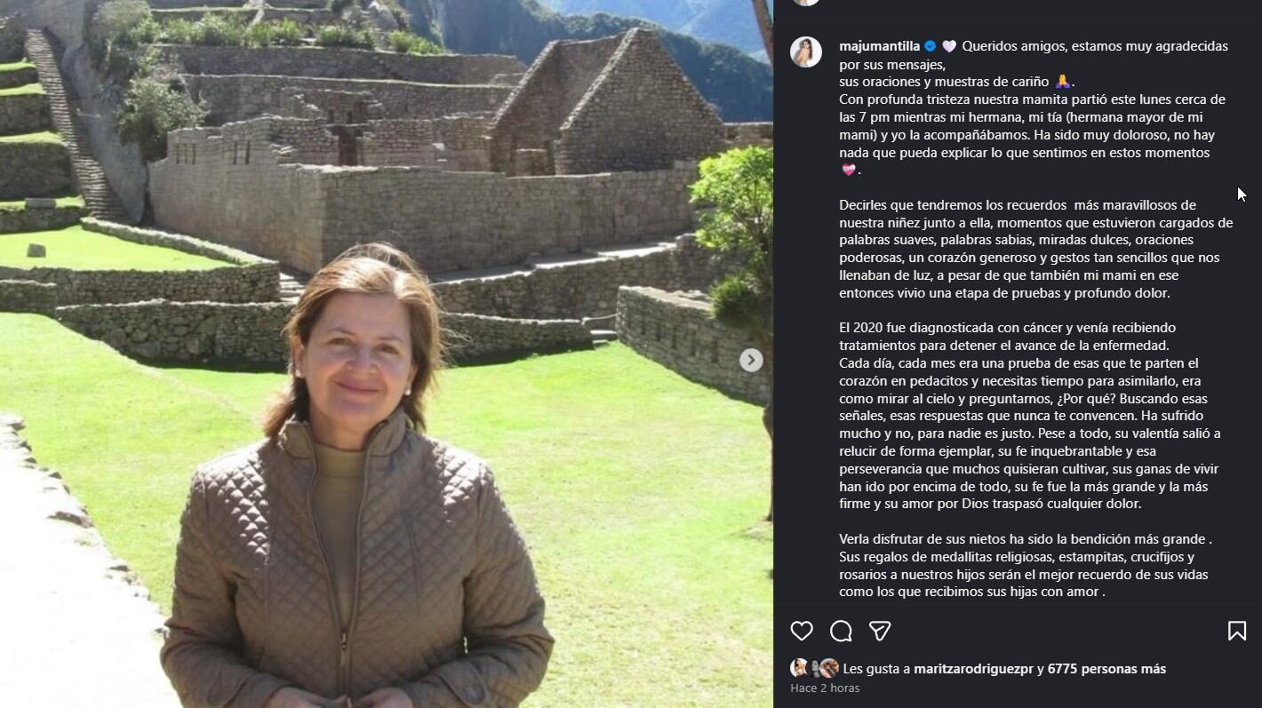 Maju Mantilla se despide de su madre con un mensaje lleno de amor: “Tu nombre está escrito en mi corazón”. Infobae Perú / Captura: IG