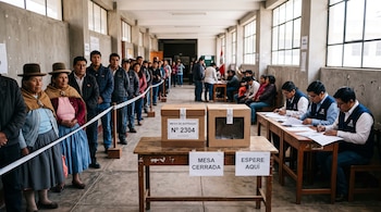 Personas en fila dentro de un pasillo, ánfora de votación sobre una mesa con letrero de mesa cerrada y miembros de mesa escribiendo.
