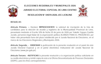 Documento oficial con el escudo de Perú y el logo del Jurado Nacional de Elecciones que detalla una resolución de improcedencia de lista de candidatos