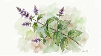 Ilustración acuarela detallada de una rama de menta con hojas dentadas verdes y espigas de flores moradas, sobre un fondo blanco con suaves manchas de color.