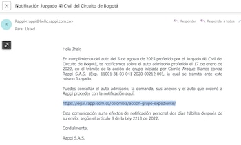Esta es la notificación de Rappi a sus usuarios por orden de un juzgado de Bogotá - crédito @JhairRico/X