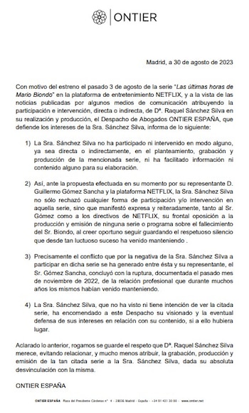 Comunicado emitido por Raquel Sanchez