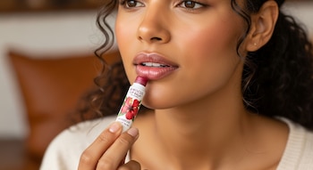 Primer plano de una mujer de tez morena aplicando bálsamo labial de flor de jamaica en sus labios con un tono rosado.
