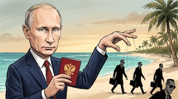 Ilustración de Vladimir Putin sosteniendo un pasaporte rojo y manejando marionetas en forma de hombres con traje sobre una playa con palmeras.