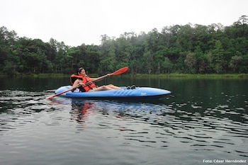 Una mujer con chaleco salvavidas naranja y remo naranja en un kayak azul navega por un lago con árboles verdes en el fondo y cielo nublado