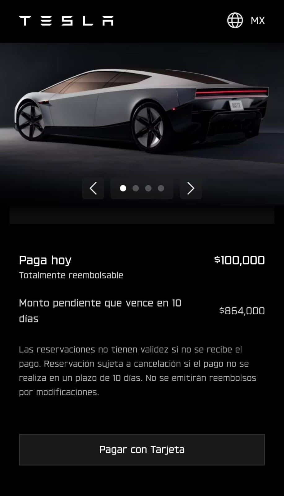 La página de Tesla México incluye una opción para reservar el Roadster. (Captura de pantalla)