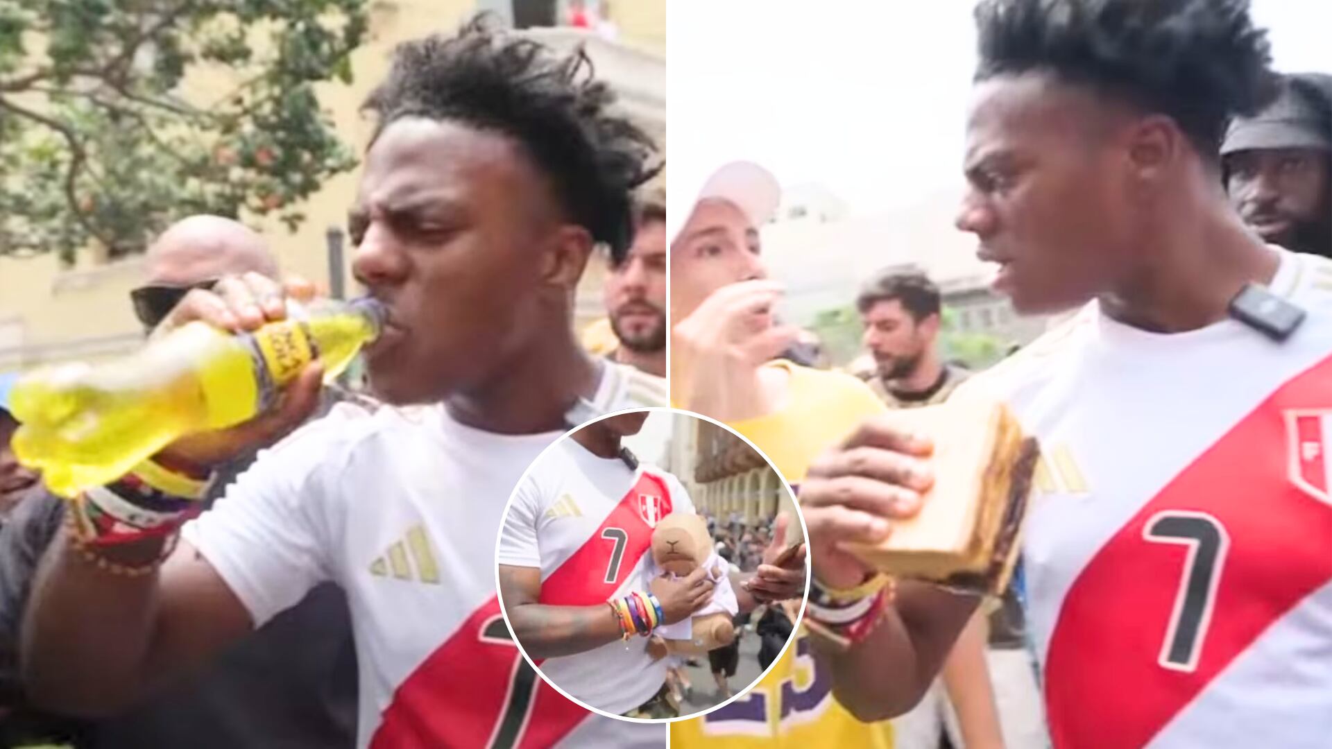 En la imagen, se ve a Speed probar Inca Kola y king kong, mientras, en otro momento, sostiene un capibara.