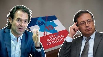 Montaje fotográfico de Federico Gutiérrez a la izquierda, el libro 'El M-19, de la guerra a la política' en el centro y Gustavo Petro a la derecha, todos silueteados.