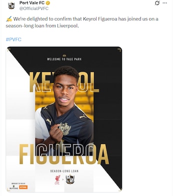 Liverpool enviará a Keyrol Figueroa a Port Vale para que sume minutos en el primer equipo y gane experiencia profesional. (Cortesía: Port Vale F.C.)