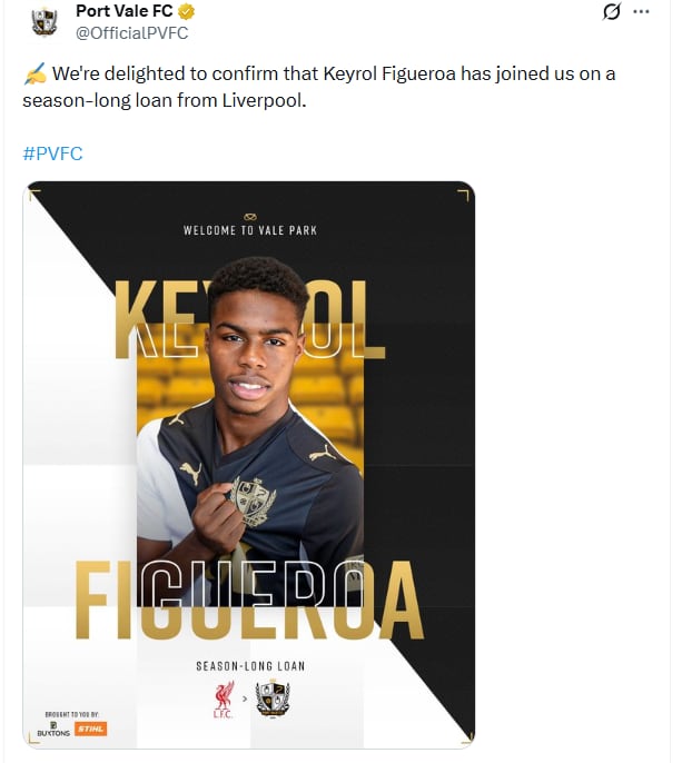 Liverpool enviará a Keyrol Figueroa a Port Vale para que sume minutos en el primer equipo y gane experiencia profesional. (Cortesía: Port Vale F.C.)