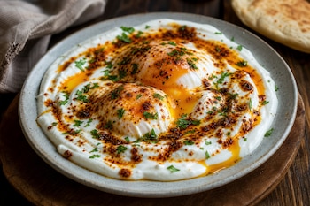 Plato con dos huevos escalfados sobre crema blanca con condimento de aceite rojizo, pimentón y perejil picado, junto a pan plano.