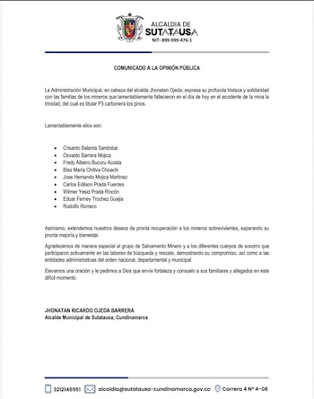 Jhonatan Ojeda, mandatario local, lamentó el deceso de los trabajadores y envió un mensaje de apoyo a los familiares - crédito Alcaldía de Sutatausa