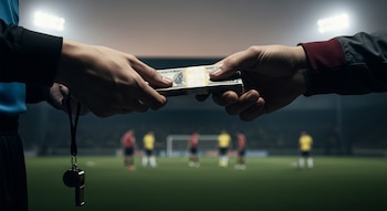 Dos manos intercambian fajos de billetes de cien dólares en primer plano, con un silbato colgando y un estadio de fútbol borroso de fondo.