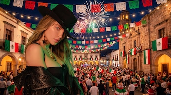 Mujer con sombrero negro en primer plano sobre un fondo de una plaza de noche con fuegos artificiales, gente y adornos patrios mexicanos.