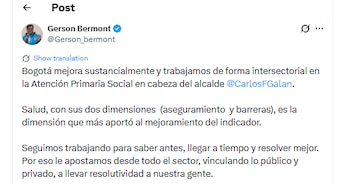 Secretario de Salud afirmó que los avances sanitarios en la ciudad han contribuido a las mejoras del Índice de Pobreza Multidimensional - crédito @Gerson_bermont/X