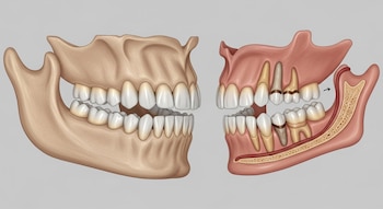 Ilustración médica de dos mandíbulas humanas: la izquierda es ancestral, grande y con dientes espaciados; la derecha es moderna, más pequeña y con muelas del juicio impactadas.