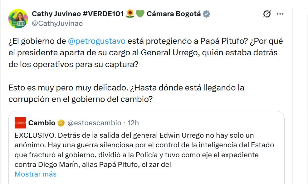 Cathy Juvinao no tuvo reparos en señalar al Gobierno de Gustavo Petro por lo que considera una protección a “Papá Pitufo” - crédito @CathyJuvinao/X