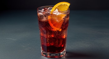 Un vaso de vidrio alto con un cóctel Americano rojizo oscuro, lleno de hielo y burbujas, adornado con una rodaja de naranja en el borde.