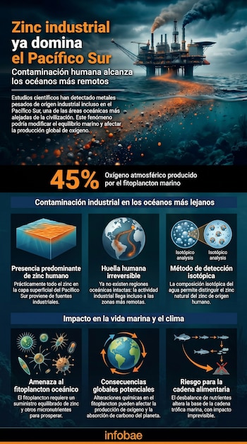 Infografía vertical con una plataforma industrial en el océano emitiendo residuos, gráficos sobre la contaminación por zinc y su efecto en la vida marina.