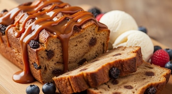 Budín de pan integral rebanado con pasas, cubierto con salsa de caramelo, acompañado de helado de vainilla, arándanos y frambuesas en una tabla de madera.