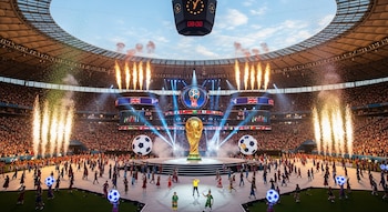 Vista aérea del estadio con miles de personas, la Copa del Mundo en un escenario central, pantallas grandes, fuegos artificiales y bailarines.