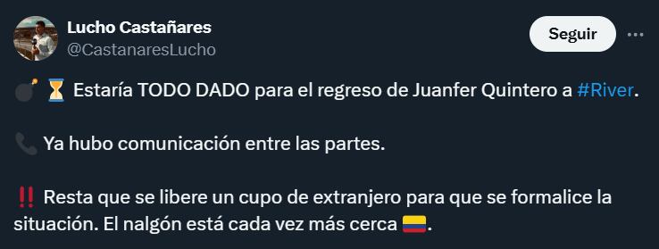Juan Fernando Quintero estaría cerca de volver a River Plate- crédito @CastanaresLucho/X