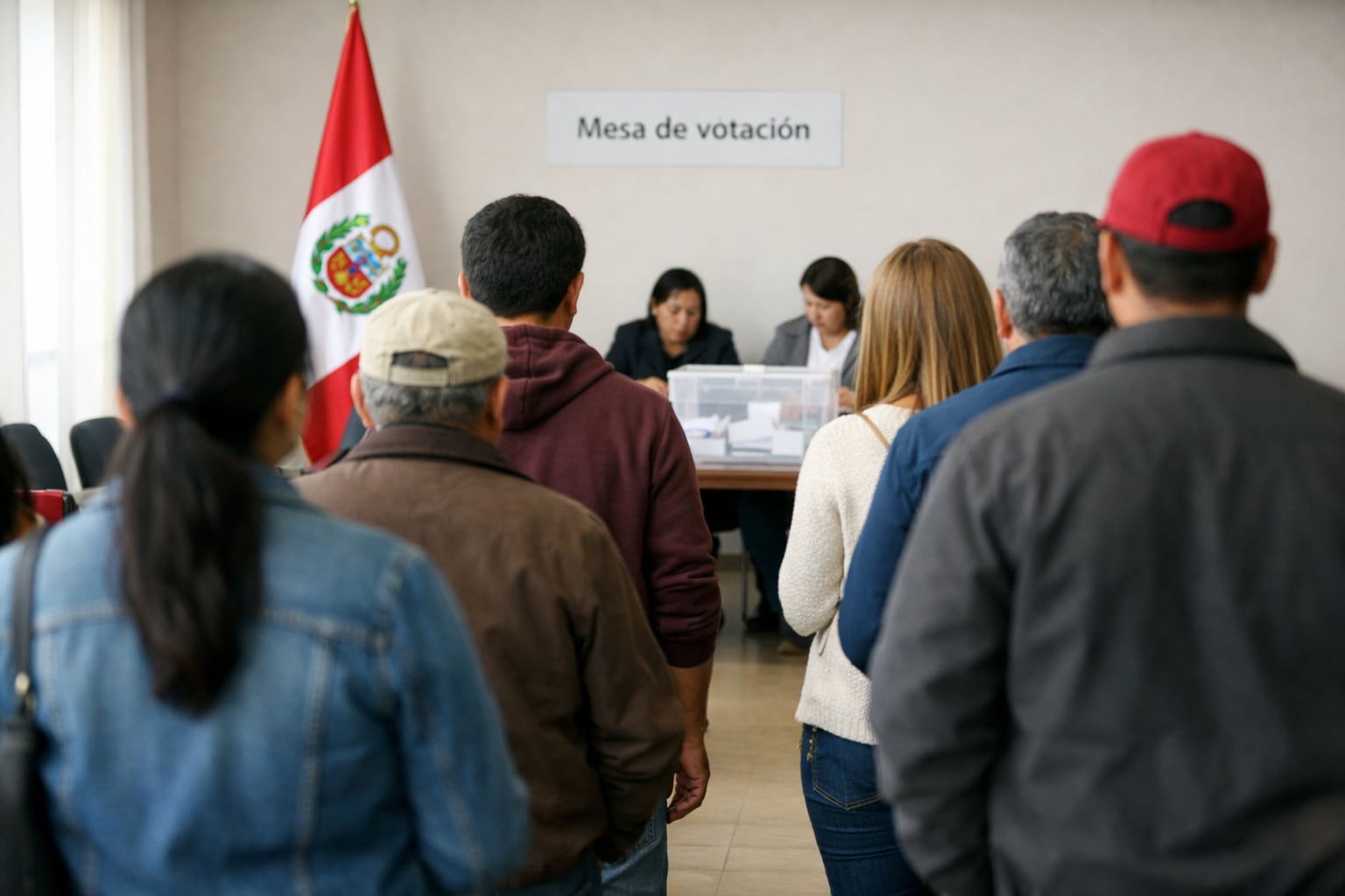 Ciudadanos peruanos forman una fila para emitir su voto en una mesa electoral instalada en un consulado en el extranjero, reflejando la participación de la diáspora en el proceso democrático. (Imagen Ilustrativa Infobae)