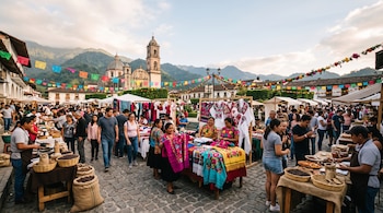 Personas recorren un mercado al aire libre con puestos de huipiles bordados y sacos de café frente a una iglesia y montañas.