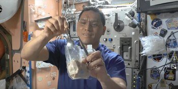 Los astronautas comen en una