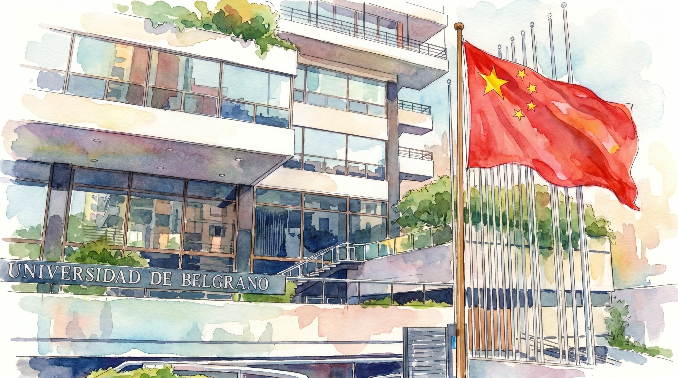 La bandera de China sobre la fachada de la Universidad de Belgrano - VisualesIA ScribNews