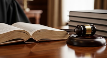Libro de leyes abierto, mazo de juez de madera y metal dorado sobre escritorio de madera oscura y brillante. Al fondo, pila de libros y una toga negra.