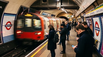 Personas de pie en un andén subterráneo miran sus teléfonos móviles junto a un tren en movimiento y carteles con el nombre Westminster.
