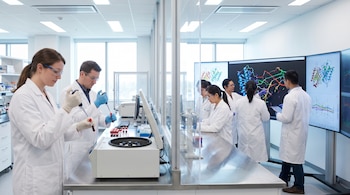 Múltiples científicos en guardapolvos blancos y gafas trabajan en un laboratorio. Dos manipulan tubos de ensayo, otros observan pantallas con gráficos moleculares y datos.