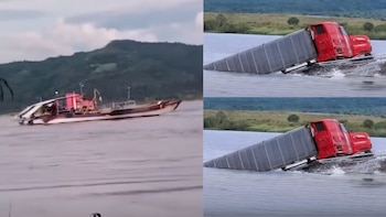 Tráiler cae al río Huallaga en San Martín y queda sumergido tras colapso de balsa en plena travesía