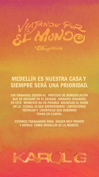 El equipo de Karol G confirmó que la remodelación impide la realización de conciertos en Medellín por ahora - crédito @karolgtour/Instagram